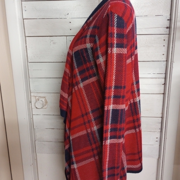 Say What 2X Cardigan Red Blue Plaid Contrast Trim Open Front Long Sleeve Stretch - Picture 2 of 11